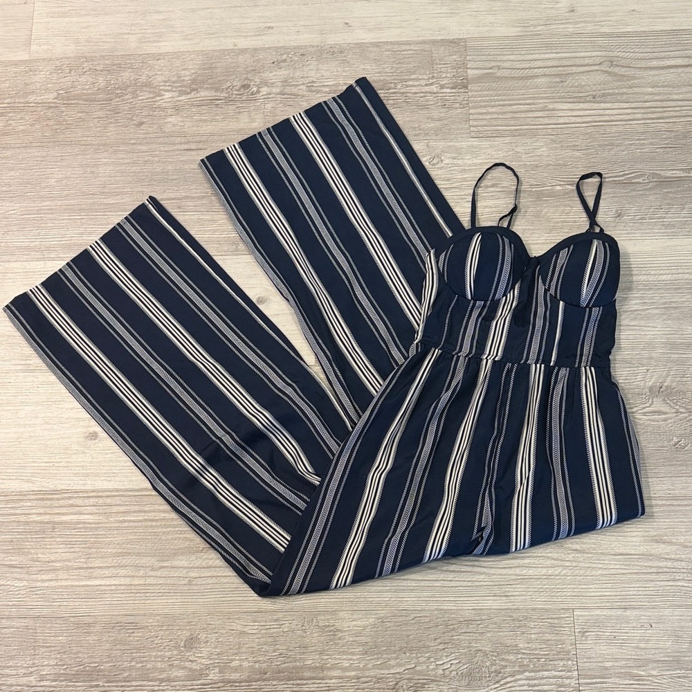 Bustier Boho Wide Leg Navy Blue Striped Jumpsuit Romper Size XS